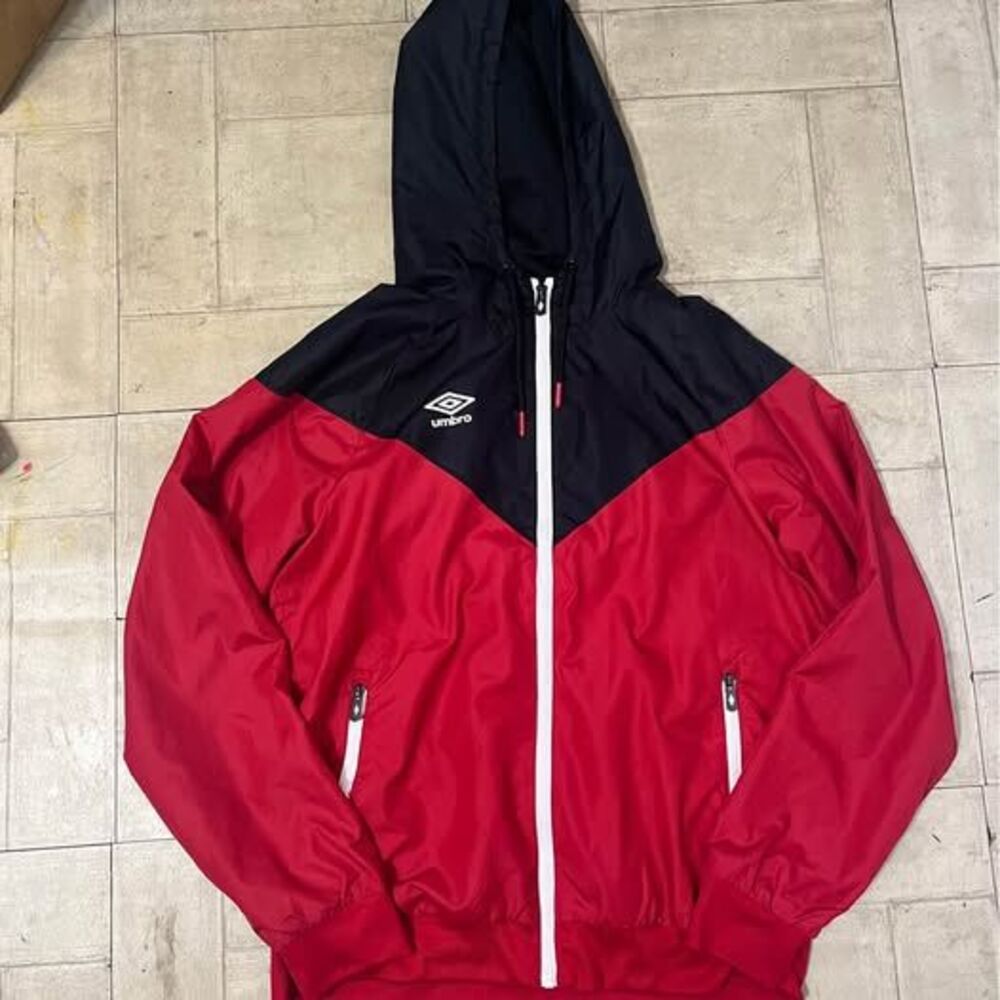 vintage Umbro two-tone red and black hooded windbreaker jacket size large